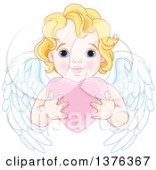 Poster, Art Print Of Cute Blond Haired Blue Eyed Caucasian Valentines Day Cupid With Wings Holding A Heart