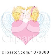 Poster, Art Print Of Cute Blond Haired Blue Eyed Caucasian Valentines Day Cupid Couple Kissing With Wings Over A Heart
