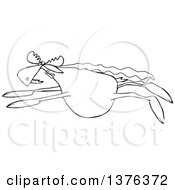 Clipart Of A Cartoon Black And White Super Hero Moose Flying With A Cape Royalty Free Vector Illustration
