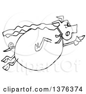 Poster, Art Print Of Cartoon Black And White Chubby Pig Super Hero Flying