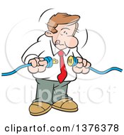Clipart Of A Cartoon Dirty Blond White Business Man Connecting Cables Royalty Free Vector Illustration