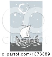 Poster, Art Print Of Woodcut Ancient Greek Galley Ship At Night