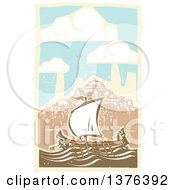 Poster, Art Print Of Woodcut Ancient Greek Galley Ship And A Coastal Village