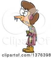 Clipart Of A Cartoon Brunette White Woman With Icicles On The Tip Of Her Nose Shivering On A Winter Day Royalty Free Vector Illustration