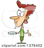 Cartoon Brunette White Woman With A Full Mouth Shrugging And Holding A Plate After Eating Cake