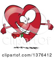 Clipart Of A Cartoon Romantic Red Love Heart Character With Open Arms And A Rose In His Mouth Royalty Free Vector Illustration