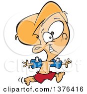 Clipart Of A Cartoon Happy Blond White Boy Running To A Pool With Floaties On His Arms Royalty Free Vector Illustration