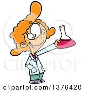 Cartoon Red Haired White School Girl Holding Up A Beaker In Science Class