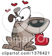 Poster, Art Print Of Cartoon Sweet Loving Dog Holding A Red Valentine Heart In His Mouth