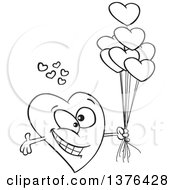 Poster, Art Print Of Cartoon Black And White Romantic Love Heart Character With Open Arms And Balloons