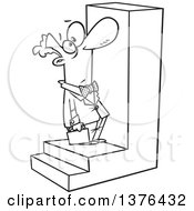 Poster, Art Print Of Cartoon Black And White Business Man Looking Up At A Big Step