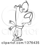 Clipart Of A Cartoon Black And White Worried Groundhog Wearing A Scarf Royalty Free Vector Illustration