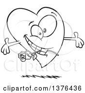 Clipart Of A Cartoon Black And White Romantic Love Heart Character With Open Arms And A Rose In His Mouth Royalty Free Vector Illustration by toonaday