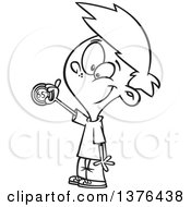 Clipart Of A Cartoon Black And White Happy Boy Adjusting A Household Thermostat Royalty Free Vector Illustration
