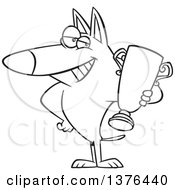 Clipart Of A Cartoon Black And White Proud Dog Champion Holding A Trophy Royalty Free Vector Illustration