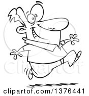 Clipart Of A Cartoon Black And White Eager Man Running Royalty Free Vector Illustration