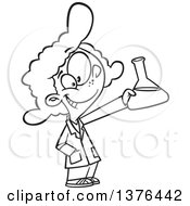 Clipart Of A Cartoon Black And White School Girl Holding Up A Beaker In Science Class Royalty Free Vector Illustration