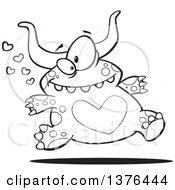 Clipart Of A Cartoon Black And White Valentine Monster With A Heart Belly Running Royalty Free Vector Illustration