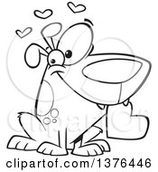 Poster, Art Print Of Cartoon Black And White Sweet Loving Dog Holding A Valentine Heart In His Mouth