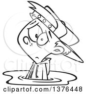 Clipart Of A Cartoon Black And White Depressed Boy Stuck In A Puddle Of Mud Royalty Free Vector Illustration
