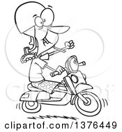 Clipart Of A Cartoon Black And White Adventurous Granny Riding A Scooter Royalty Free Vector Illustration by toonaday