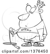 Cartoon Black And White Fat Man Holding A Jumprope And Wearing A Sexy Shirt Ready To Work Out