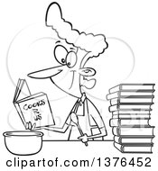 Cartoon Black And White Woman Learning To Cook With Books
