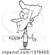 Clipart Of A Cartoon Black And White Woman With A Full Mouth Shrugging And Holding A Plate After Eating Cake Royalty Free Vector Illustration