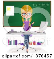 Blond Caucasian Female Teacher Sitting At A Desk In Front Of A Chalk Board