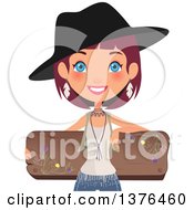 Clipart Of A Happy Blue Eyed Red Haired Caucasian Boho Chic Woman Leaning Back On A Floral Wood Sign Royalty Free Vector Illustration