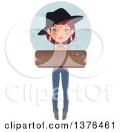 Clipart Of A Happy Blue Eyed Red Haired Caucasian Boho Chic Woman Holding A Floral Wooden Sign Royalty Free Vector Illustration