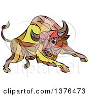 Poster, Art Print Of Colorful Sketched Mosaic Angry Charging Bull
