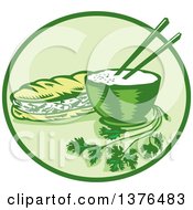 Poster, Art Print Of Retro Woodcut Styled Meal Of Banh Mi Rice And A Meat Sandwich In A Circle