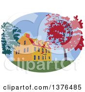 Retro Wpa Styled Colonial House And Autumn Trees In An Oval