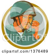 Poster, Art Print Of Retro Watercolor Styled Wwii American Soldier Talking On A Field Radio In An Orange Circle