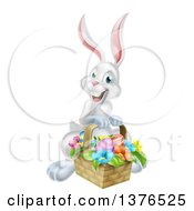 Poster, Art Print Of Happy White Easter Bunny Rabbit With A Basket Of Eggs And Flowers
