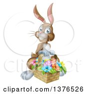 Poster, Art Print Of Happy Brown Easter Bunny Rabbit With A Basket Of Eggs And Flowers