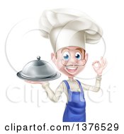 Poster, Art Print Of Happy Young White Male Chef With A Mustache Gesturing Ok And Holding A Cloche Platter