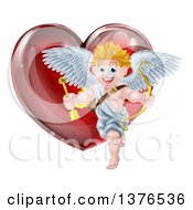 Poster, Art Print Of Happy Blond Caucasian Valentines Day Cupid Holding A Bow And Arrow In Front Of A Shiny Red Heart
