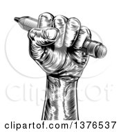 Retro Black And White Woodcut Or Engraved Fisted Hand Holding A Pencil