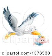 Flying Stork Bird Holding A Happy Baby Boy In A Blue Bundle With His Arms Out Like Wings
