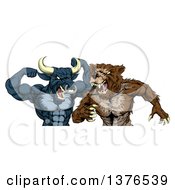 Poster, Art Print Of Tough Aggressive Blue Bull Ready To Fight A Brown Bear