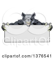 Poster, Art Print Of Snarling Gray Wolf Mascot With Claws Holding A Blank Sign