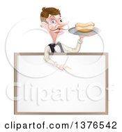 Poster, Art Print Of Cartoon Caucasian Male Waiter With A Curling Mustache Holding A Hot Dog On A Tray And Pointing Down Over A Blank White Menu Sign Board