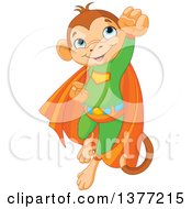 Cute Super Hero Monkey Flying In A Green Suit And Orange Cape