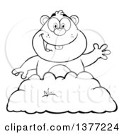 Cartoon Black And White Groundhog Emerging From His Den And Waving
