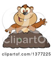 Cartoon Groundhog Emerging From His Den And Waving