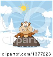 Cartoon Groundhog Emerging From His Den And Waving With A Shadow