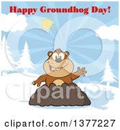 Cartoon Groundhog Emerging From His Den And Waving With A Shadow Under Text