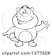 Clipart Of A Cartoon Black And White Groundhog Waving Royalty Free Vector Illustration by Hit Toon